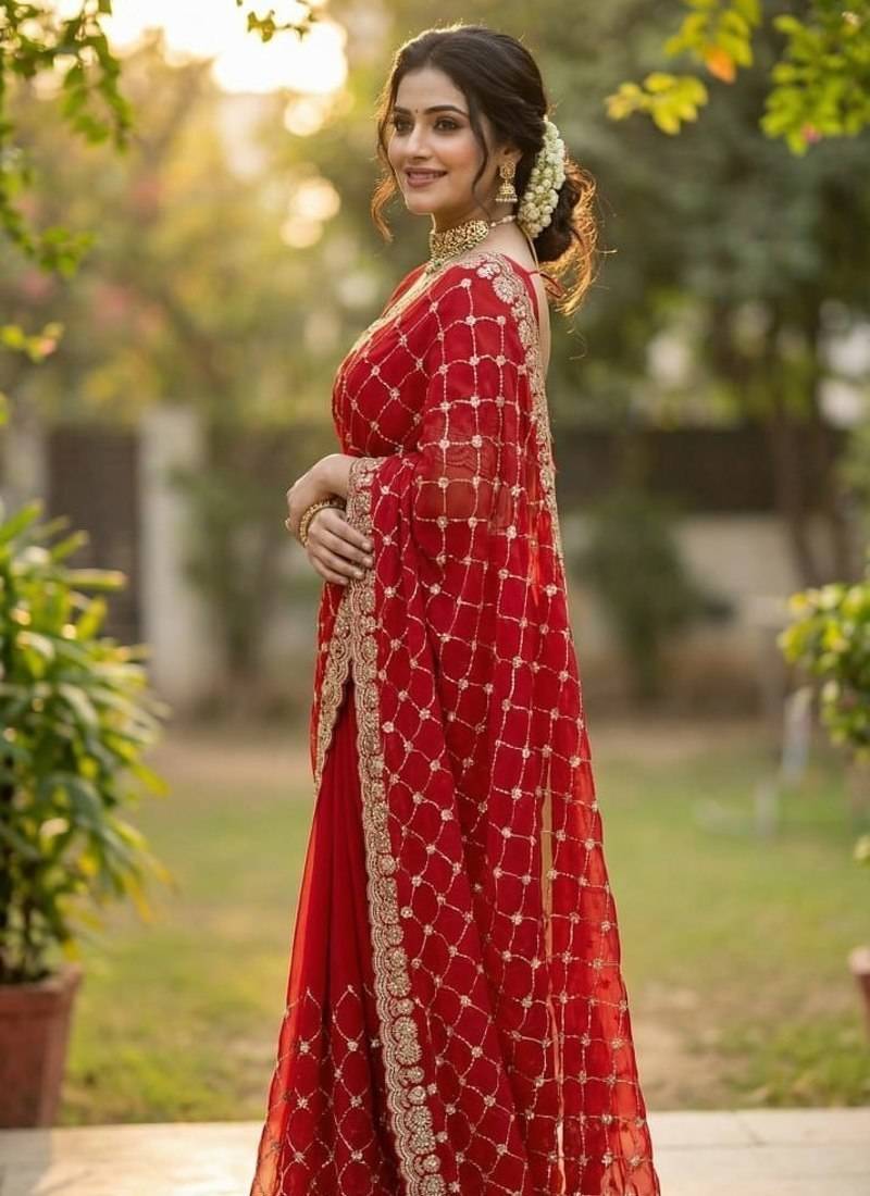 red color sequence embroidery work with cut work border silk blend saree