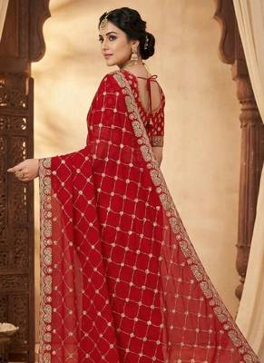 red color sequence embroidery work with cut work border silk blend saree 2