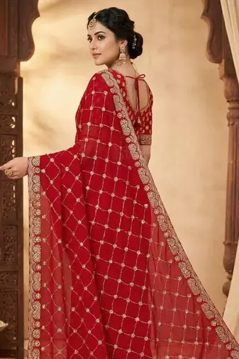 red color sequence embroidery work with cut work border silk blend saree