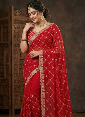 red color sequence embroidery work with cut work border silk blend saree 3