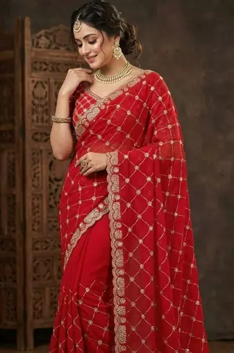 red color sequence embroidery work with cut work border silk blend saree