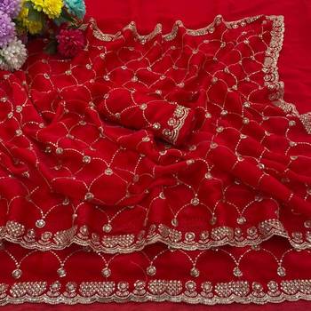 red color sequence embroidery work with cut work border silk blend saree 4