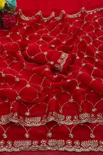 red color sequence embroidery work with cut work border silk blend saree