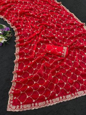 red color sequence embroidery work with cut work border silk blend saree 5