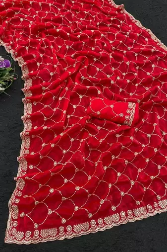 red color sequence embroidery work with cut work border silk blend saree