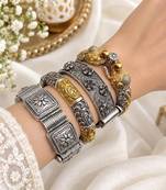 Oxidized Vintage Dual Tone Bangle Set of 4pc, Indian Kada Bracelet, Tribal Boho Jewelry