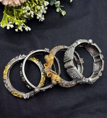Oxidized Vintage Dual Tone Bangle Set of 4pc, Indian Kada Bracelet, Tribal Boho Jewelry 3