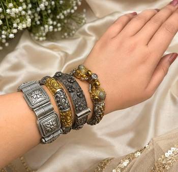 Oxidized Vintage Dual Tone Bangle Set of 4pc, Indian Kada Bracelet, Tribal Boho Jewelry 4