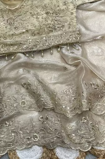 White Color Embroidery Sequence Work Heavy Border Satin Saree