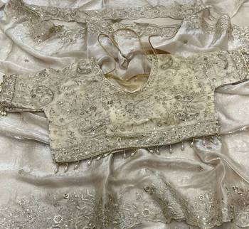 White Color Embroidery Sequence Work Heavy Border Satin Saree 2