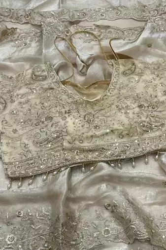 White Color Embroidery Sequence Work Heavy Border Satin Saree