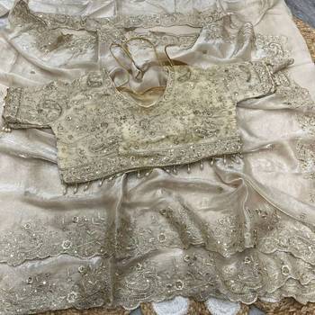 White Color Embroidery Sequence Work Heavy Border Satin Saree 3
