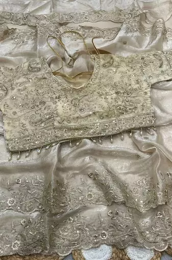 White Color Embroidery Sequence Work Heavy Border Satin Saree