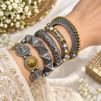Dual tone And antique kada bangle combo Stack 5 pc 1