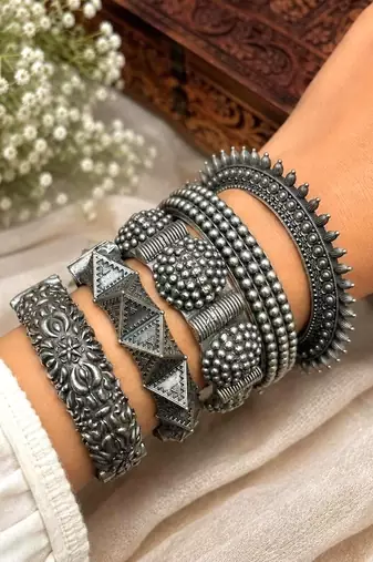 Openable Screw Hand kada Oxidized Silver Bangle Set, 5 Piece Indian Tribal Bracelet Set