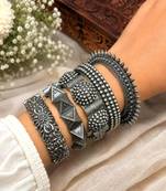 Openable Screw Hand kada Oxidized Silver Bangle Set, 5 Piece Indian Tribal Bracelet Set