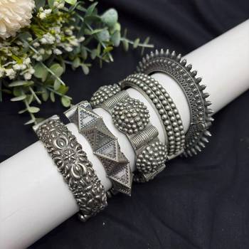Openable Screw Hand kada Oxidized Silver Bangle Set, 5 Piece Indian Tribal Bracelet Set 2