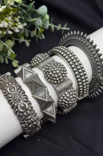 Openable Screw Hand kada Oxidized Silver Bangle Set, 5 Piece Indian Tribal Bracelet Set