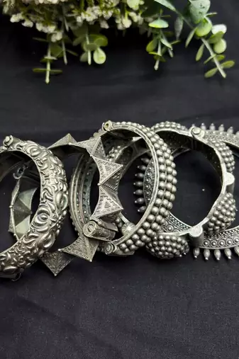 Openable Screw Hand kada Oxidized Silver Bangle Set, 5 Piece Indian Tribal Bracelet Set