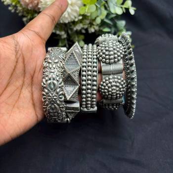 Openable Screw Hand kada Oxidized Silver Bangle Set, 5 Piece Indian Tribal Bracelet Set 4