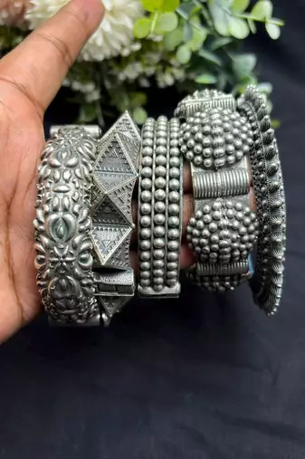 Openable Screw Hand kada Oxidized Silver Bangle Set, 5 Piece Indian Tribal Bracelet Set