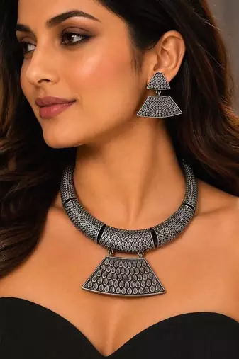 Oxidized Tribal Hasuli Torque Statement Jewelry, Geometric Boho Necklace and Earrings