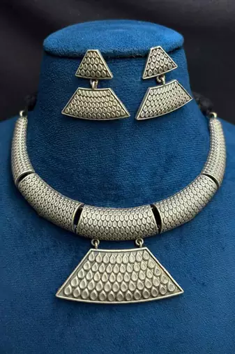 Oxidized Tribal Hasuli Torque Statement Jewelry, Geometric Boho Necklace and Earrings