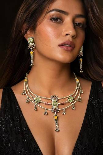 Tribal Enamel Ghungroo Heritage Statement necklace with earrings