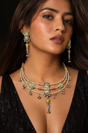 Tribal Enamel Ghungroo Heritage Statement necklace with earrings