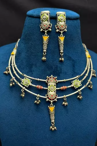 Tribal Enamel Ghungroo Heritage Statement necklace with earrings