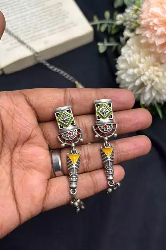 Tribal Enamel Ghungroo Heritage Statement necklace with earrings