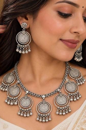 Tribal Coin Charms with Ghungroo necklace, Afghani Oxidized Silver Necklace Set