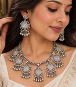 Tribal Coin Charms with Ghungroo necklace, Afghani Oxidized Silver Necklace Set