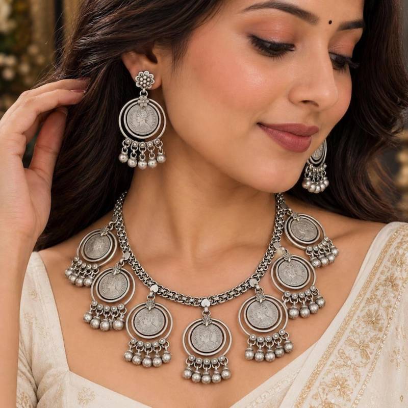 Tribal Coin Charms with Ghungroo necklace, Afghani Oxidized Silver Necklace Set