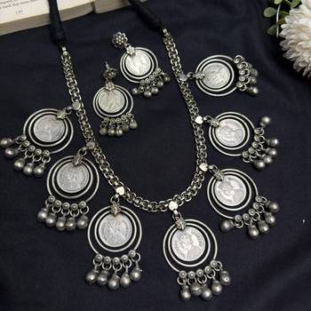 Tribal Coin Charms with Ghungroo necklace, Afghani Oxidized Silver Necklace Set 2