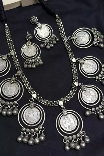Tribal Coin Charms with Ghungroo necklace, Afghani Oxidized Silver Necklace Set