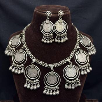 Tribal Coin Charms with Ghungroo necklace, Afghani Oxidized Silver Necklace Set 3
