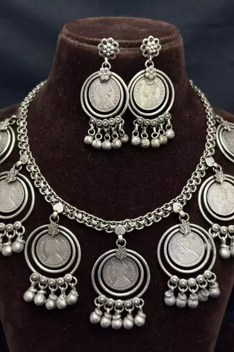 Tribal Coin Charms with Ghungroo necklace, Afghani Oxidized Silver Necklace Set