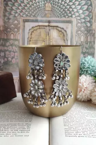 Afghani Glass Mirror Earrings: Oxidized Indian Boho Jewelry