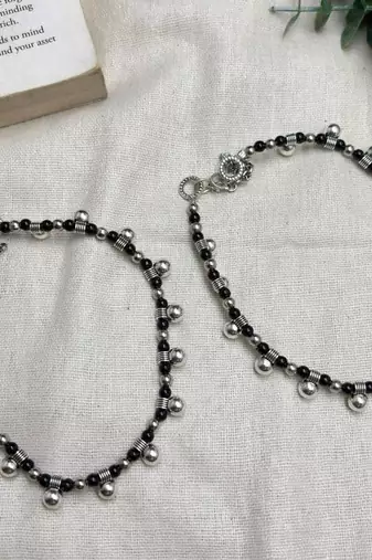 Traditional Indian Black Onyx Bead Anklets Set