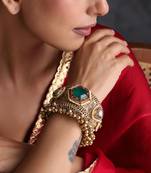 Gold plated emerald green polki cuff bangle