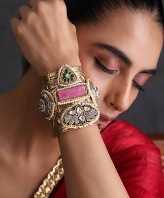 Multicolor gold plated polki cuff bangle 1