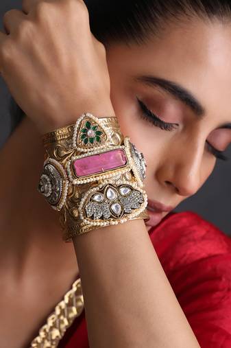 Multicolor gold plated polki cuff bangle