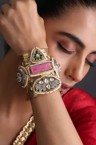 Multicolor gold plated polki cuff bangle