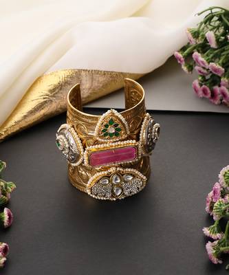 Multicolor gold plated polki cuff bangle 2