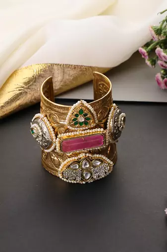 Multicolor gold plated polki cuff bangle