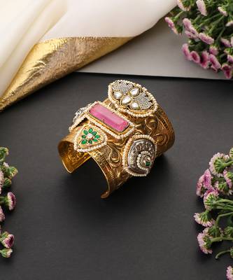 Multicolor gold plated polki cuff bangle 3
