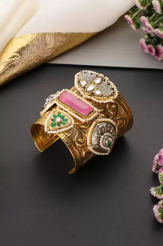 Multicolor gold plated polki cuff bangle