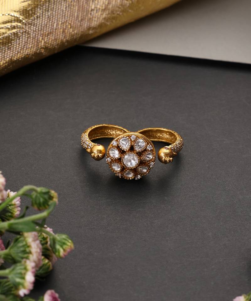 Gold plated polki adjustable ring