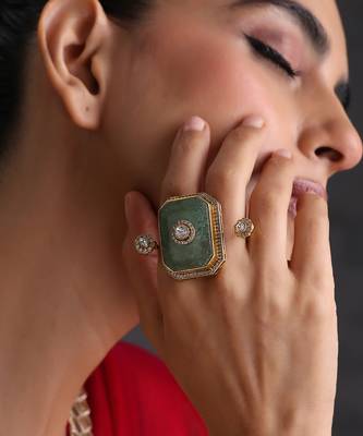 Gold plated mint green polki adjustable ring 1